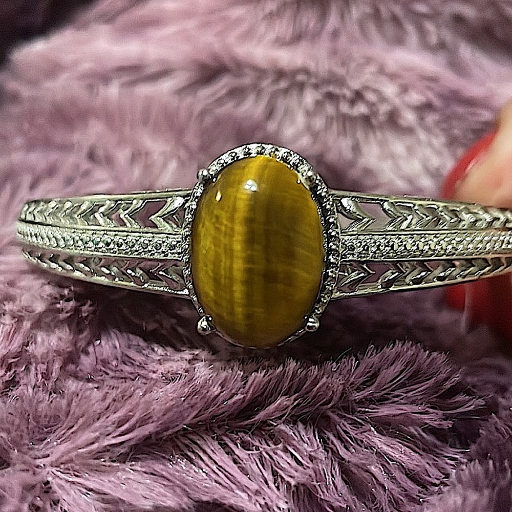 South African Natural Tigers Eye Platinum Bond Brass Bangle Bracelet
